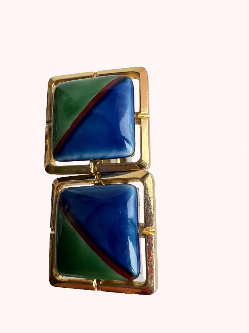 Vintage Gen Marked Cufflinks Tie Tack Blue Green Porcelain Gold Tone Square Gift